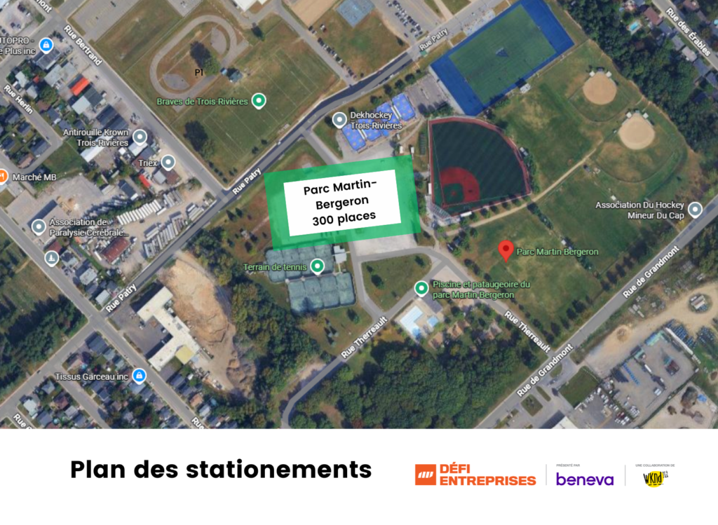 Satellite map showing Parc Martin-Bergeron with a green label reading 'Parc Martin-Bergeron 300 places', surrounded by Rue Patry and Rue Grandmont.
