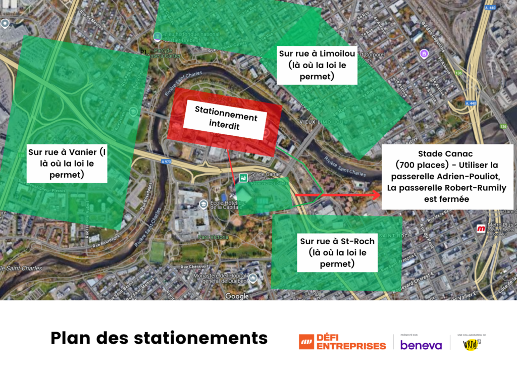 Map with green zones indicating parking areas and a red zone for no parking near Stade Canac; multiple route notes in French show restrictions and detours.