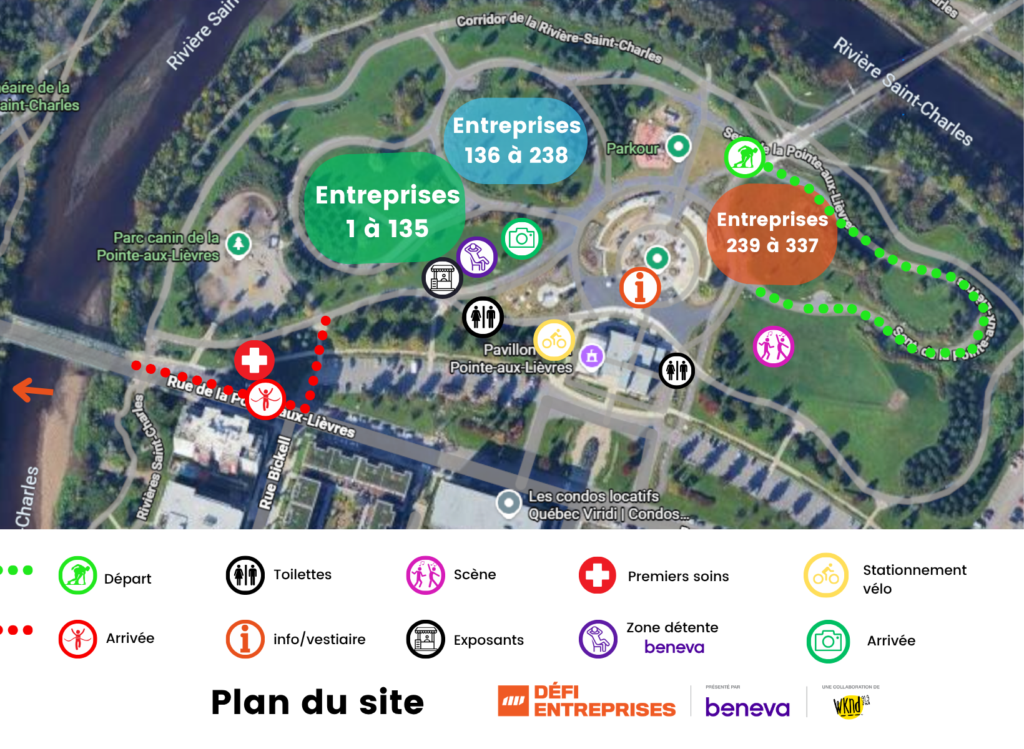 Site map showing areas and services: departure, routes, toilets, information and first aid on satellite background.