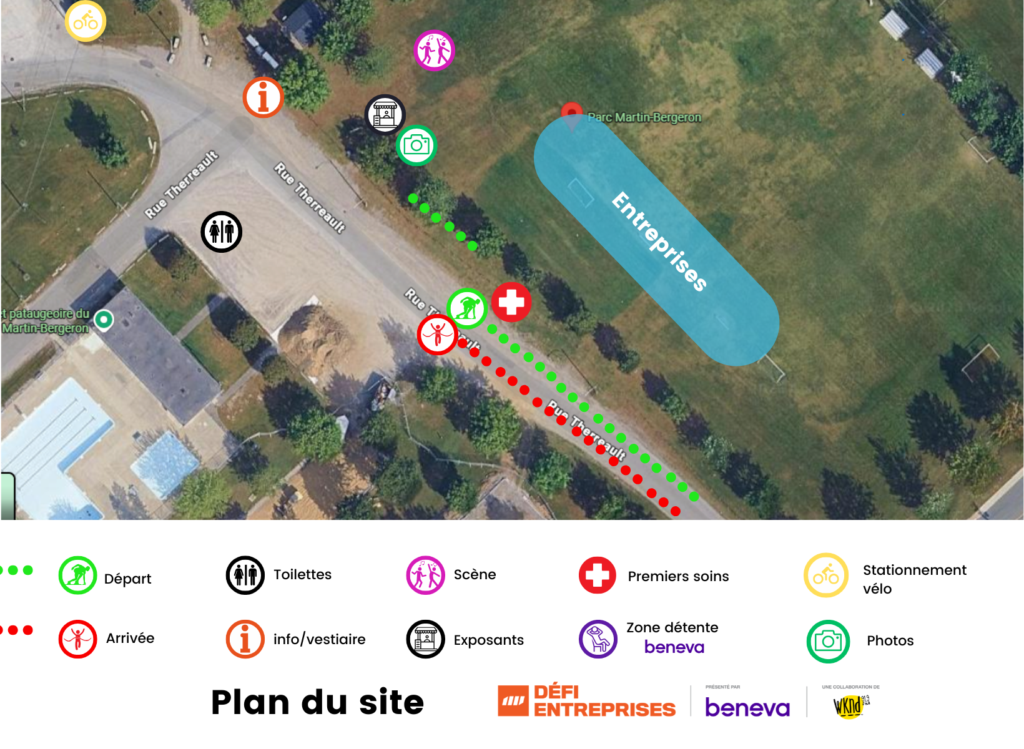 Aerial map of Parc Martin-Bergeron with colored route lines and service icons (toilets, info, first aid, stage) along Rue Therreault and surrounding paths.