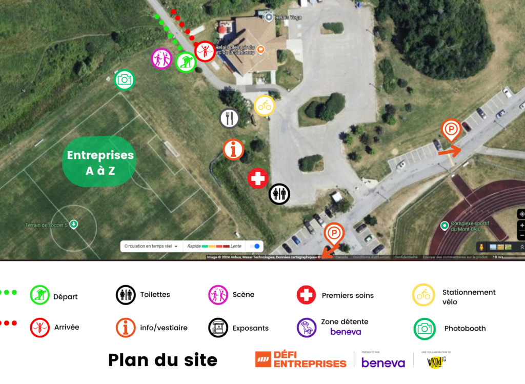 Aerial map of a park with colored icons marking start, toilets, stage, first aid, photo booth, info and parking icons nearby a building complex.