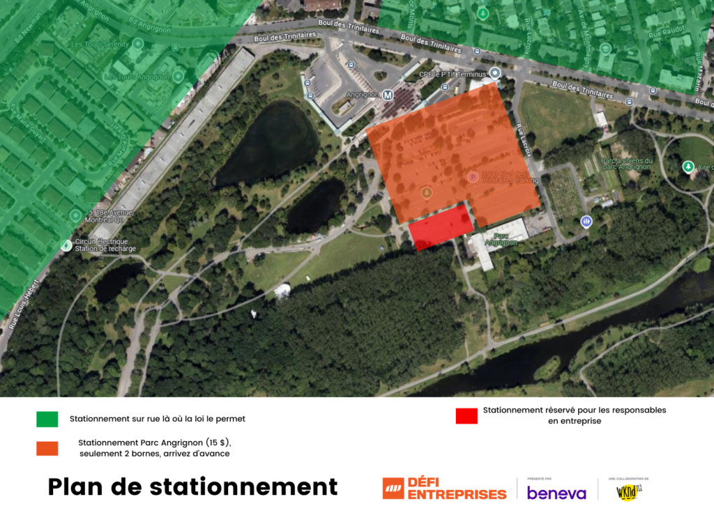Satellite map showing parking zones around Parc Angrignon: green = street parking, orange = Parc Angrignon lot with two entrances, red = reserved for business; legend at bottom.