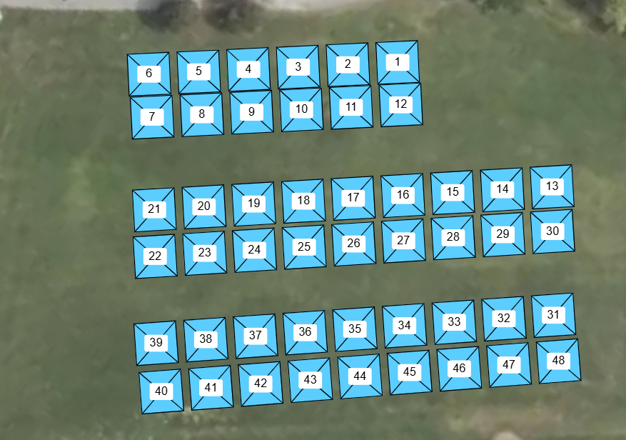 Three rows of blue square tiles with white number labels from 1 to 48 on a grassy field.