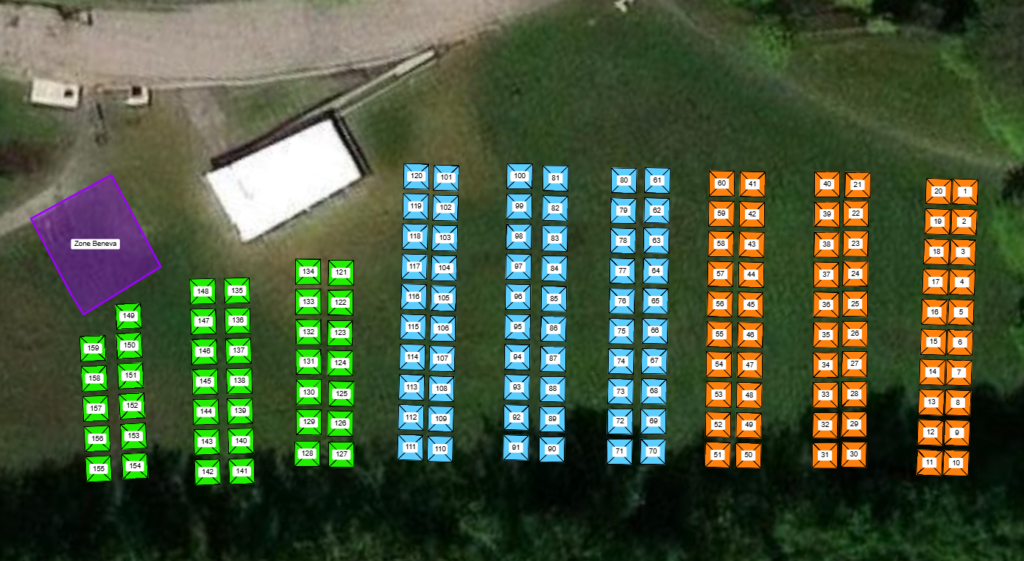 Aerial view of a field with grouped numbered seating blocks in green, blue, and orange columns, and a purple Zone Beneva area on the left.